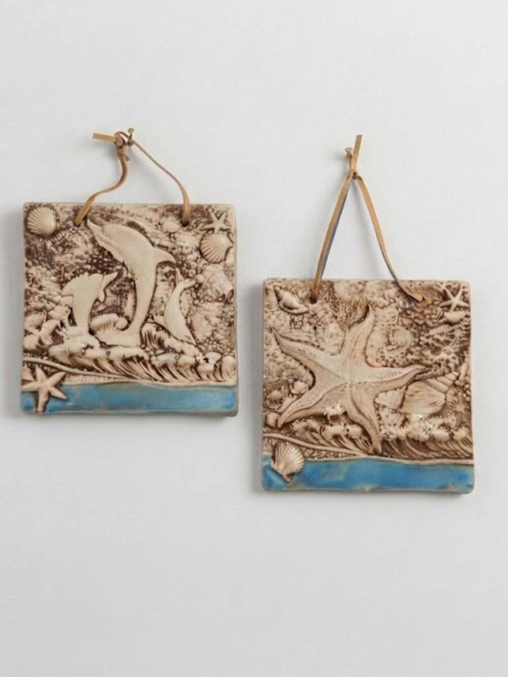 Ceramic Wall Tiles Set Dolphin Starfish Coastal Beach Ocean Decor Seashells Pair